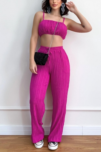 sexy plus size slight stretch 3 colors pleated textured sling pants sets
