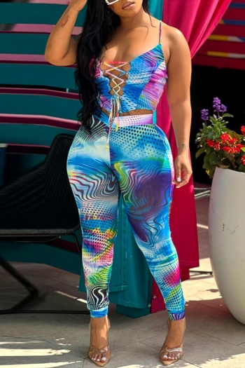 sexy plus size polka dot printing stretch lace-up high waist pants set