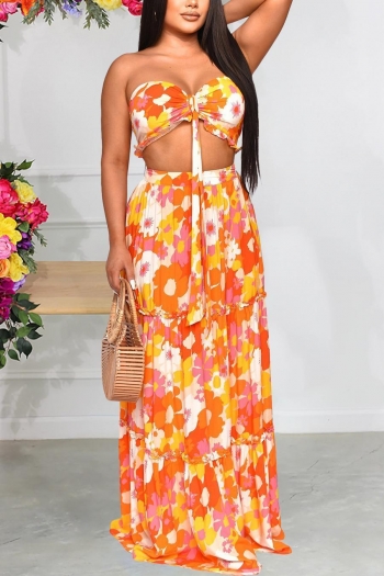 sexy non-stretch floral batch printing tube vest with maxi skirt set
