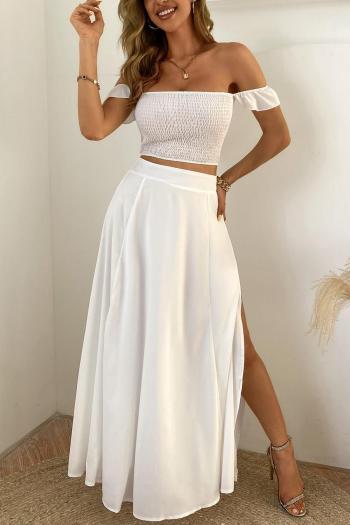 sexy solid color slight stretch off-the-shoulder slit bohemian skirt set