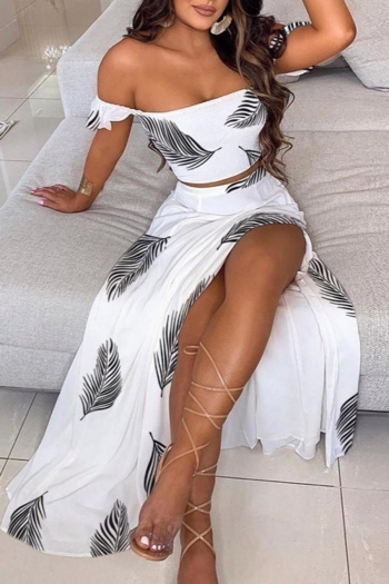 sexy feather printing slight stretch off-the-shoulder slit bohemian skirt set