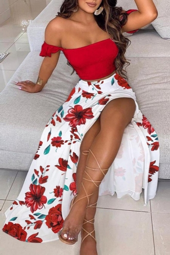 sexy flower printing slight stretch off-the-shoulder slit bohemian skirt set