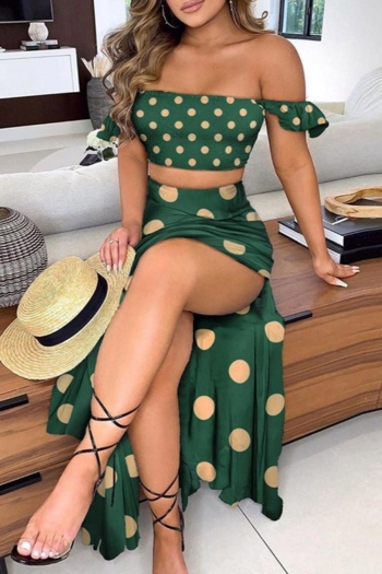 sexy polka dot printing slight stretch off-the-shoulder slit bohemian skirt set