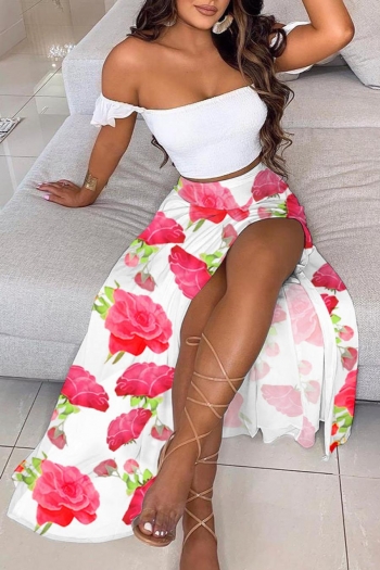 sexy flower printing slight stretch off-the-shoulder slit bohemian skirt set #1