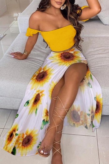 sexy sunflower printing slight stretch off-the-shoulder slit bohemian skirt set