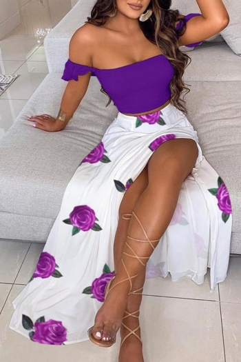 sexy flower printing slight stretch off-the-shoulder slit bohemian skirt set #2