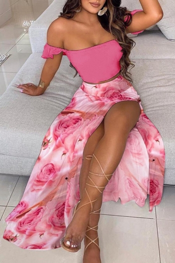 sexy rose printing slight stretch off-the-shoulder slit bohemian skirt set