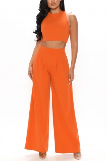 stylish non-stretch solid color zip-up sleeveless loose wide-leg pants sets