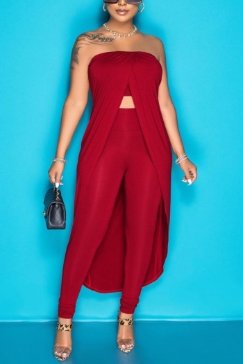 sexy plus size solid color stretch tube top with high waist pants set
