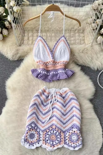 sexy stretch crochet cutout halter-neck ruffle crop cest with mini skirt set