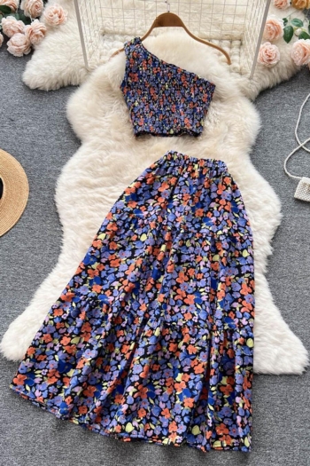 stylish non-stretch floral batch printing one shoulder vest with midi skirt set