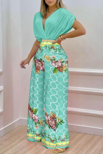 stylish flower & geometric printing stretch bodysuit with wide-leg pants set