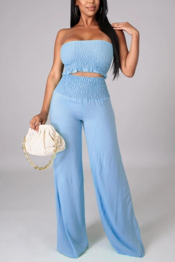 stylish slight stretch solid color pleated strapless wide leg pants sets
