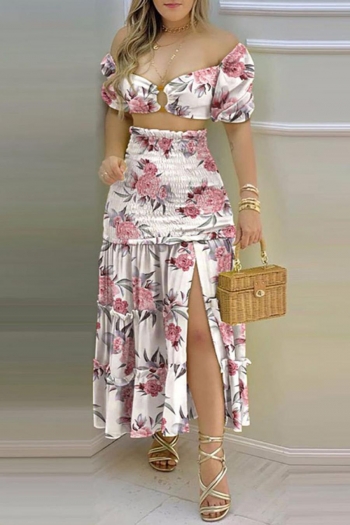 sexy plus size floral print non-stretch off-the-shoulder cutout slit skirt set