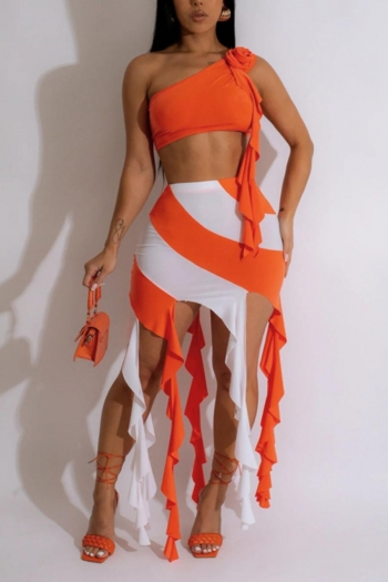 sexy plus size slight stretch one shoulder striped tassel maxi skirt sets