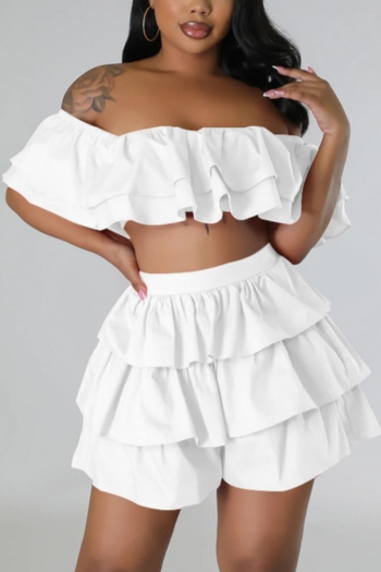 sexy plus size solid color non-stretch ruffle off-the-shoulder mini skirt set #1(da007465)