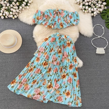 stylish non-stretch floral printing off-the-shoulder high waist skirt set