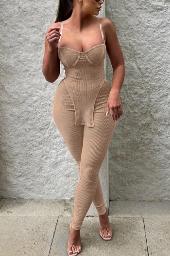 sexy solid color stretch ribbed knit irregular tube vest with pants set