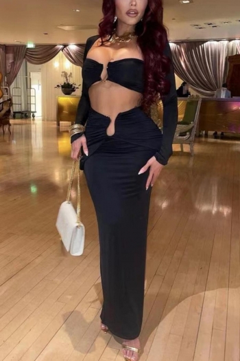 sexy solid color stretch low-cut long sleeve slit slim maxi skirt set