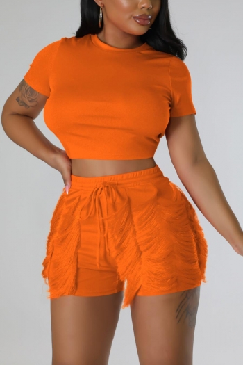 sexy slight stretch solid color tassels shorts sets