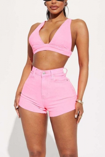 sexy non-stretch denim solid color halter-neck lace-up shorts sets