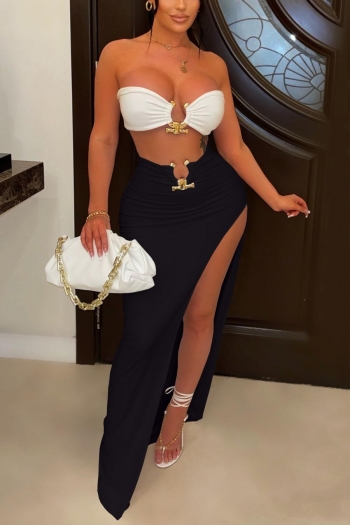 sexy plus size stretch tube vest with high slit maxi skirt set