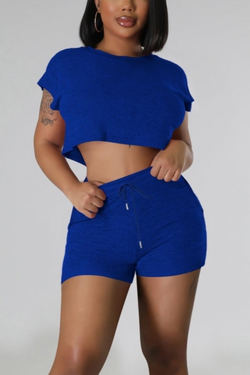 sexy slight stretch solid color crew neck drawstring shorts sets