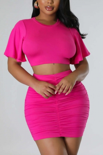 sexy slight stretch 3 colors short sleeve ruched bodycon mini skirt sets