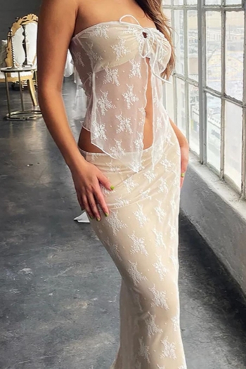 sexy lace slight stretch see through mesh spliced tube vest with midi skirt set