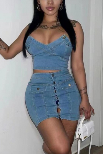 sexy plus size non-stretch tube vest with single-breasted denim mini skirt set