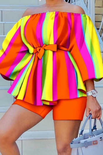 stylish plus size colorful stripe printing non-stretch with belt shorts set