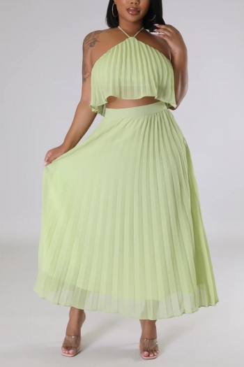 sexy slight stretch solid color chiffon halter neck pleated maxi skirt sets