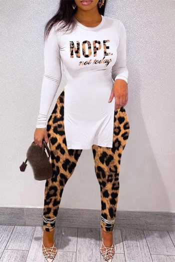 xs-2xl casual plus-size stretch leopard letter printing slit long top pants set