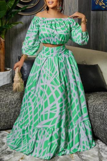 stylish plus size batch printing non-stretch off-the-shoulder maxi skirt set