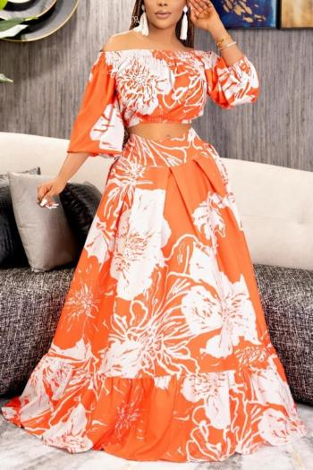 stylish plus size flower printing non-stretch off-the-shoulder maxi skirt set