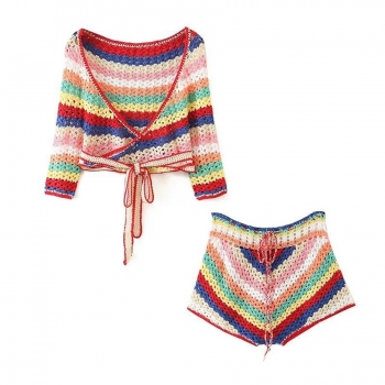 sexy slight stretch multicolor knitted striped v-neck shorts sets
