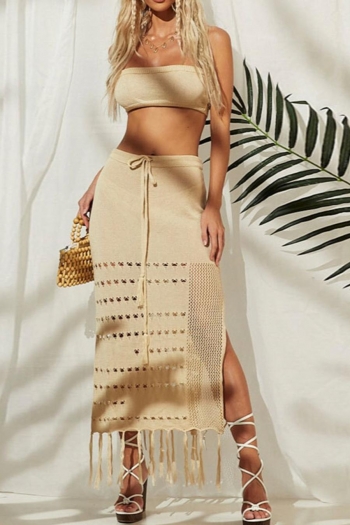 sexy slight stretch cut out knitted bandeau tank top & tassel midi skirt set