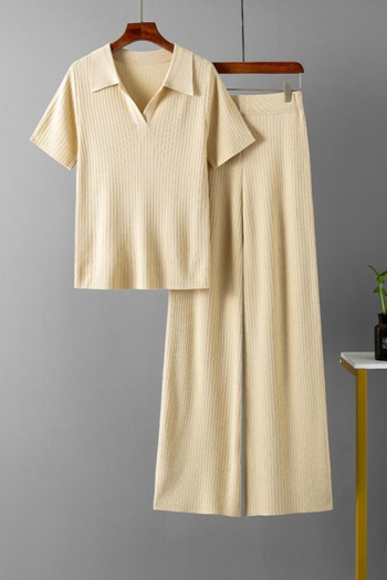 casual slight stretch knitted 3 colors turndown collar top & pants set