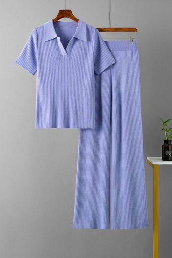 casual slight stretch knitted pure color turndown collar top & pants set