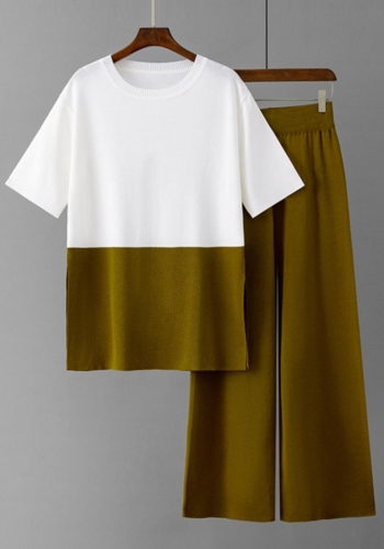 casual slight stretch colorblock knitted top & wide-leg pants set