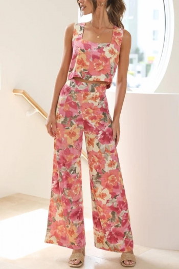 stylish non-stretch floral printing vest with high waist pants set