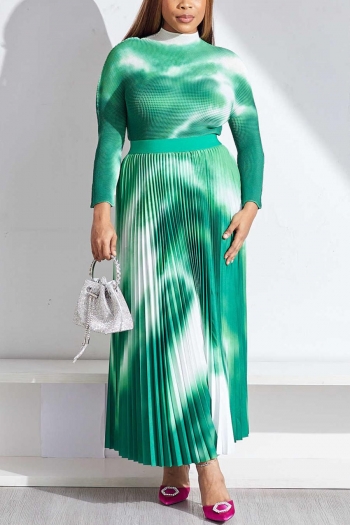 casual slight stretch tie-dye crew neck pleated maxi skirt sets