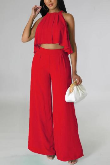 sexy non-stretch chiffon solid color halter-neck button pants sets