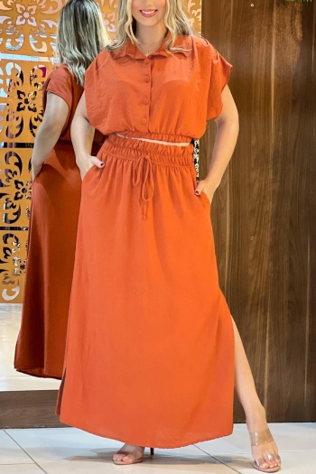 casual non-stretch solid color lapel button maxi skirt sets