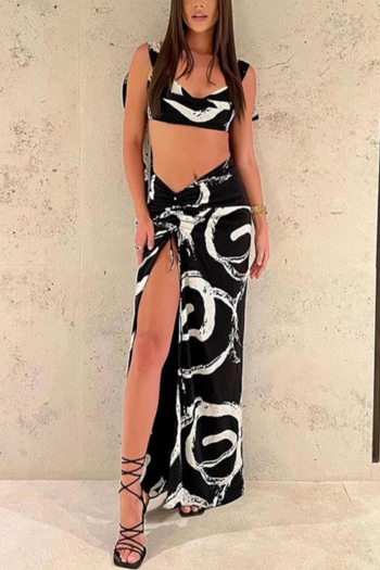 sexy slight stretch batch printing shirring slit maxi skirt sets