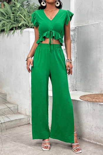 casual non-stretch v-neck ruffle lace-up slit pants sets