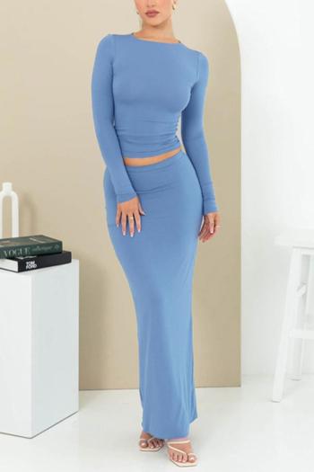 casual slight stretch solid color crew neck maxi skirt sets