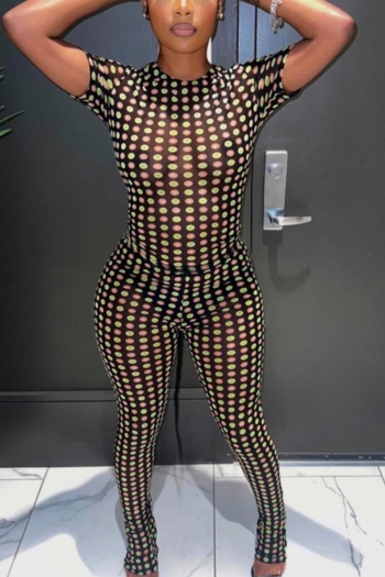 sexy slight stretch mesh polka dot printing short sleeve top & pants set