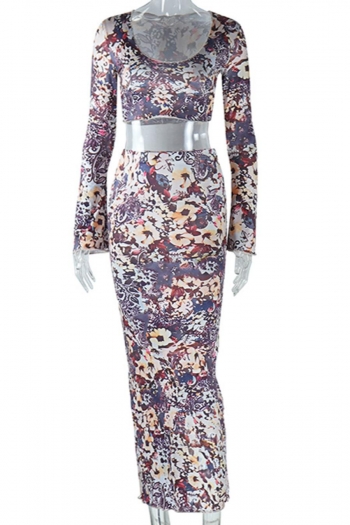 Sexy slight stretch batch printing long sleeve crop top & midi skirt set