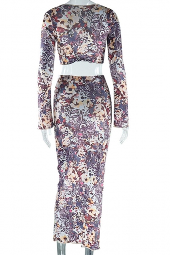 Sexy slight stretch batch printing long sleeve crop top & midi skirt set